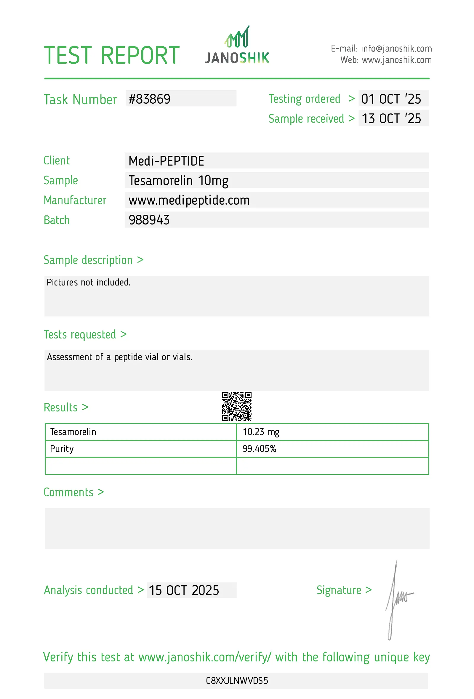 Tesamorelin Certificate of Analysis