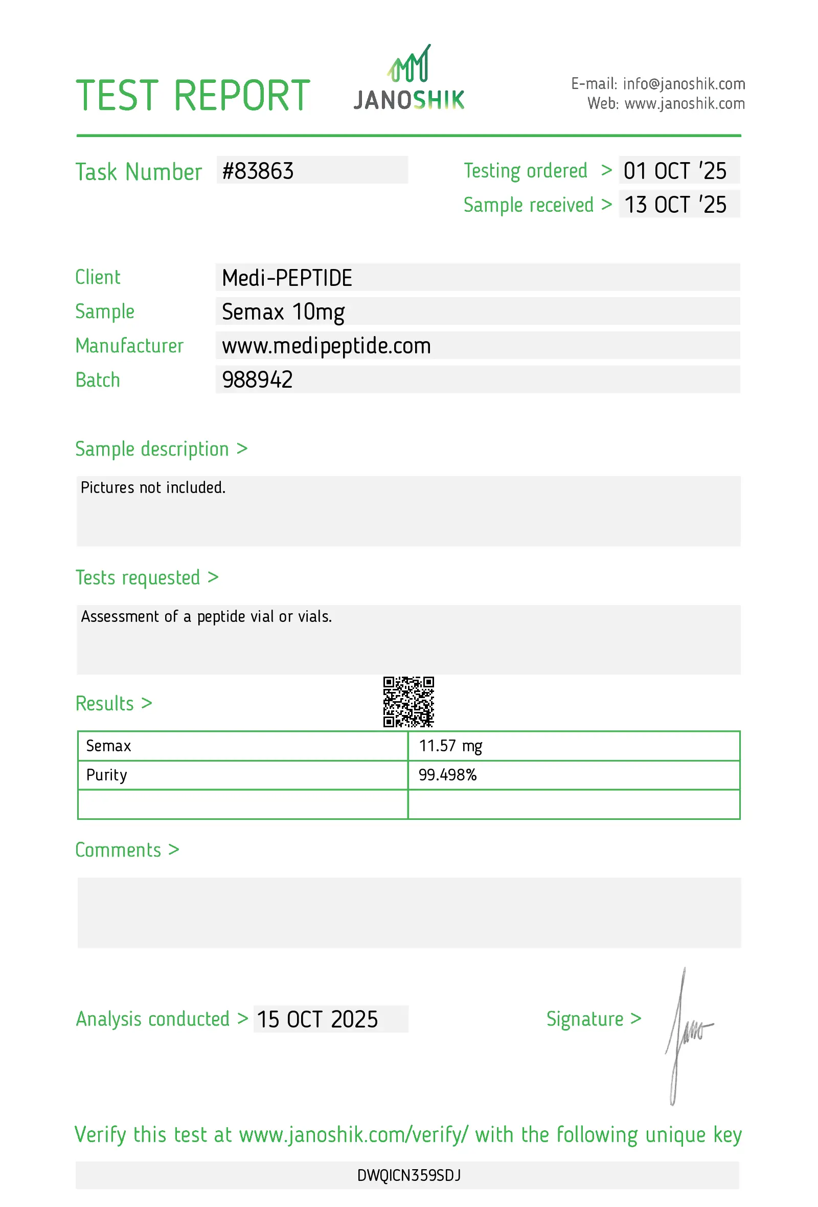 XA10 Certificate of Analysis